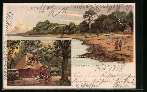Lithographie Eckernförde-Altenhof, Blick auf ein Gasthaus