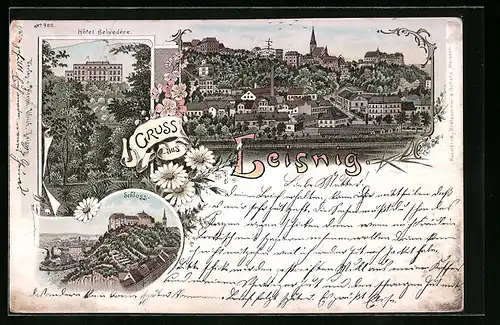 Lithographie Leisnig, Hotel Belvedere, Schloss