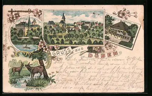 Lithographie Döben, Ortsansicht, Schloss, Gasthof