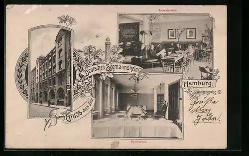 AK Hamburg, Deutsches Seemannsheim, Wolfgangsweg 12, mit Lesezimmer und Speisesaal