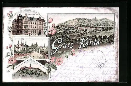 Lithographie Kahla, Gesamtansicht, Hotel zum Löwen, Gasthaus Fröhliche Wiederkunft