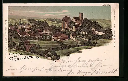 Lithographie Gnandstein, Ortsansicht mit Burg und Umgebung