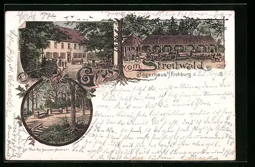 Lithographie Frohburg, Gasthof Jägerhaus im Streitwald mit Garten, Waldpartie