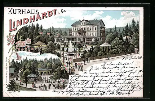 Lithographie Lindhardt /Sa., Hotel-Pension Kurhaus Lindhardt mit Garten