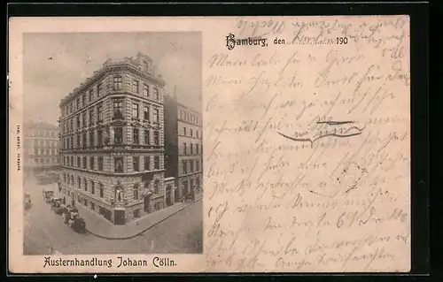 AK Hamburg, Austernhandlung Johann Cölln mit Strasse aus der Vogelschau