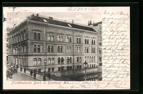AK Hamburg, Gebäude der Norddeutschen Bank mit Strasse aus der Vogelschau