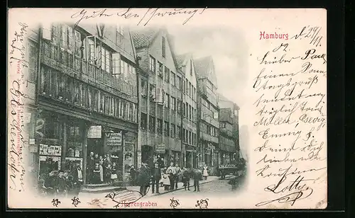 AK Hamburg, Herrengraben mit Geschäften und Einwohnergruppe