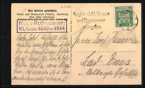 AK Hamburg, Hotel Phönix in der Kirchenallee, Jungfernstieg von oben