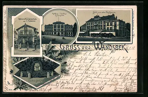 Lithographie Hamburg-Wandsbek, Matthias Clausius-Gymnasium, Höhere Töchterschule, Hotel zum alten Posthause