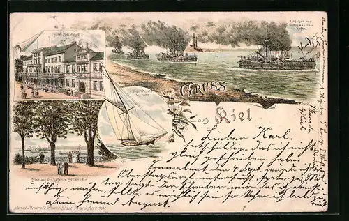 Lithographie Kiel, Geschwader-Einfahrt in den Hafen, Hotel Bellevue