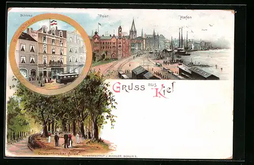 Lithographie Kiel, Hafenansicht mit Post, Düsternbroker Allee, Bührsch Hotel