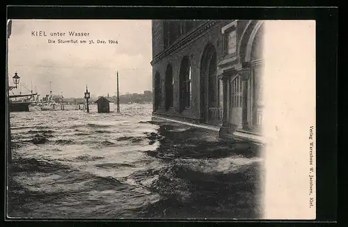 AK Kiel, Sturmflut 1904, Hafenpartie mit Haus