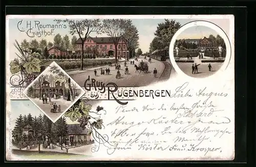 Lithographie Rugenbergen, Reumanns Gasthof mit Strasse und Garten