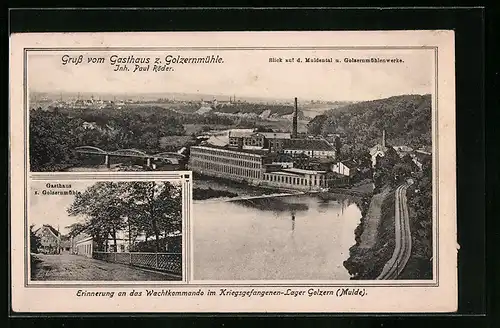 AK Golzern /Mulde, Ortsansicht mit Muldental und Mühlenwerke, Gasthaus zur Golzernmühle