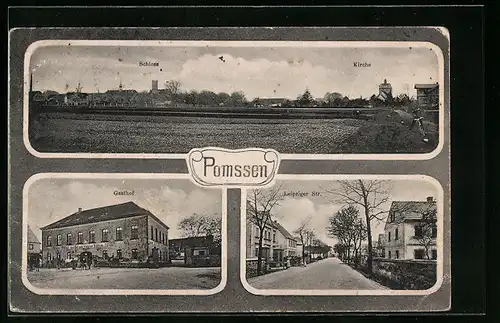 AK Pomssen, Panorama mit Schloss und Kirche, Gasthof, Leipziger Straasse