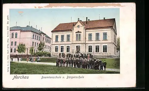 AK Nerchau, Beamtenschule und Bürgerschule mit Schülergruppe