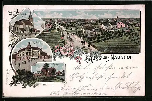 Lithographie Naunhof, Ortsansicht mit Strasse, Gasthof Rathskeller, Mühle