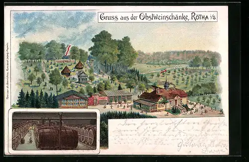 Lithographie Rötha i. S., Gasthaus Obstweinschänke, Innenansicht Keller mit Fässern