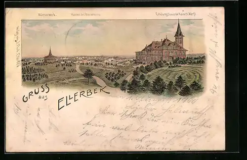 Lithographie Ellerbek, Erholungshaus der Kaiserlichen Werft mit Wasserwerk und Häuser des Bauvereins