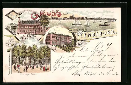 Lithographie Rendsburg, Nobiskrüger Gehölz, Gymnasium, Post