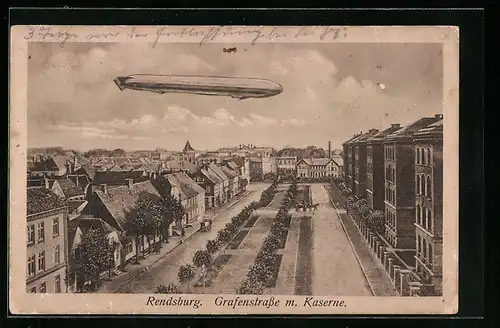 AK Rendsburg, Grafenstrasse mit Kaserne und Zeppelin