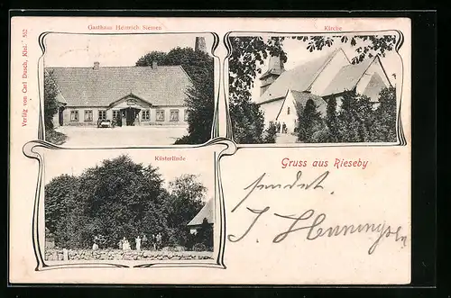 AK Rieseby, Gasthaus Heinrich Siemen, Kirche, Küsterlinde