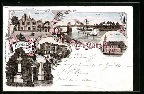 Lithographie Rendsburg, Rathaus, Kaiserliches Postamt, Drehbrücke