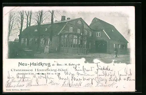 AK Bordesholm, Gasthaus Neu-Haidkrug mit Radfahrer