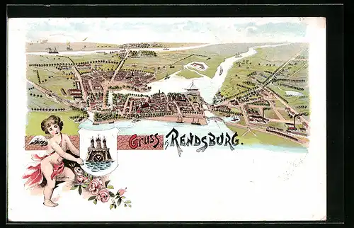 Künstler-AK Rendsburg, Ortsansicht, Engel mit Wappen