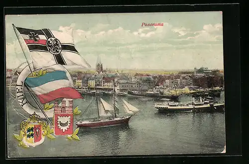 AK Kiel, Panorama mit Dampfer, Wappen mit Flagge und Rettungsring