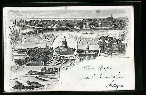 Lithographie Eckernförde, Mövenberg mit Robben, Denkmal der Süd-Schanze, Preusser`s Grab