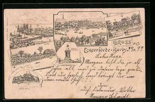 Lithographie Eckernförde-Borby, Strand-Hotel, Marien-Louisen Bad, Denkmal b. Südschanze