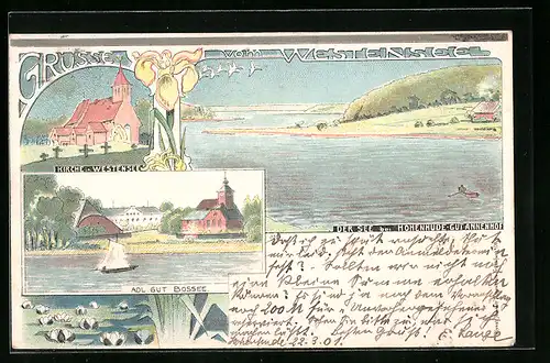 Lithographie Hohenhude, Der See bei Gut Annenhof, Adliges Gut Bossee, Kirche