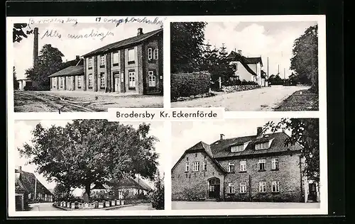AK Brodersby bei Eckernförde, Strassenpartie, Fabrik, Denkmal