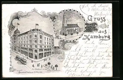 Künstler-AK Hamburg-St.Georg, Posthof / Geschäftshaus Meier in der Steinstrasse, Jacoby-Kirche