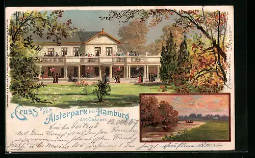 Lithographie Hamburg-Fuhlsbüttel, Gasthaus Alsterpark, Bootspartie