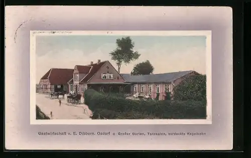 AK Osdorf, Gasthaus Dibbern, Strassenansicht mit Kutschen