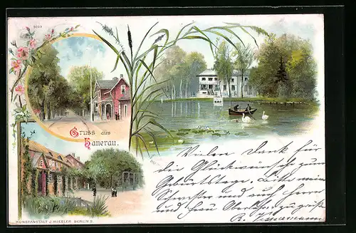 Lithographie Hanerau, Ortspartie, Strassenpartie, Haus am See