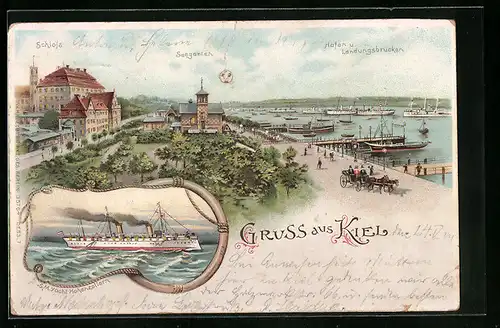 Lithographie Kiel, Hafen und Landungsbrücken mit Schloss und Seegarten, Yacht Hohenzollern, Halt gegen das Licht