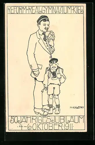 Künstler-AK Kiel, Jubiläumskarte des Reform-Realgymnasiums 1911, Älterer und junger Schüler