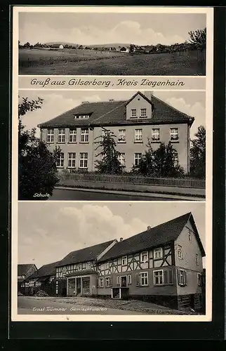 AK Gilserberg /Krs. Ziegenhain, Gemischtwaren Ernst Trümner, Schule