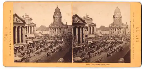 Stereo-Fotografie J.F. Stiehm, Berlin, Ansicht Berlin, Gendarmenmarkt am Markttag mit französischem Dom