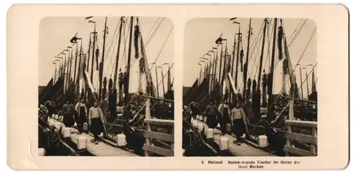 Stereo-Fotografie NPG Berlin-Steglitz, Heimkehrende holländische Fischer im Hafen der Insel Marken
