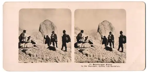 Stereo-Fotografie NPG Berlin-Steglitz, Bergsteiger haben die Thorsäule erreicht, Abstieg vom Hochkönig, Salzburger Alpen