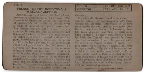 Stereo-Fotografie Keystone View Company, Meadville / PA, französische Soldaten inspizieren Zeppelin-Wrack, Luftschiff
