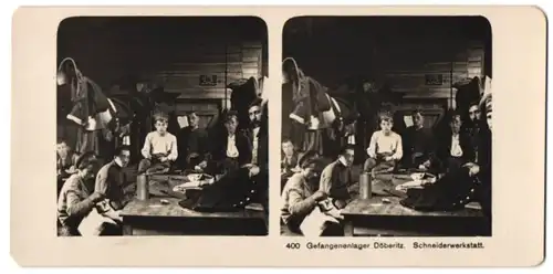 Stereo-Fotografie 1.WK, NPG Berlin-Steglitz, Schneiderwerkstatt im Kriegsgefangenenlager Döberitz, POW Camp