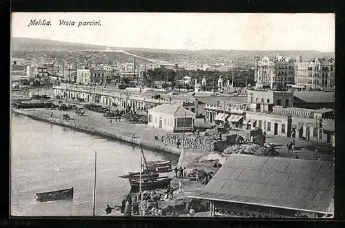 AK Melilla, Vista parcial, Kutschen und Boote