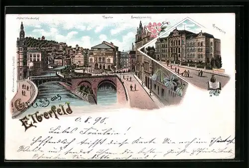 Lithographie Elberfeld, Hotel Weidenhof, Theater, Gymnasium