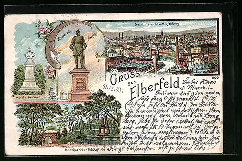 Lithographie Elberfeld, Bismarck-Denkmal, Hardpartie, Moltke Denkmal