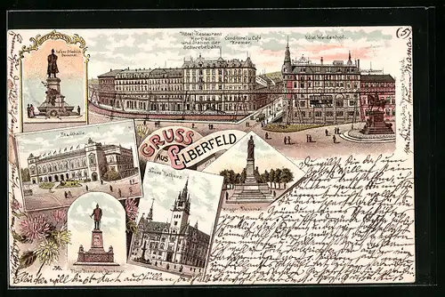 Lithographie Elberfeld, Stadthalle, Hotel-Restaurant Korbach und Station der Schwebebahn